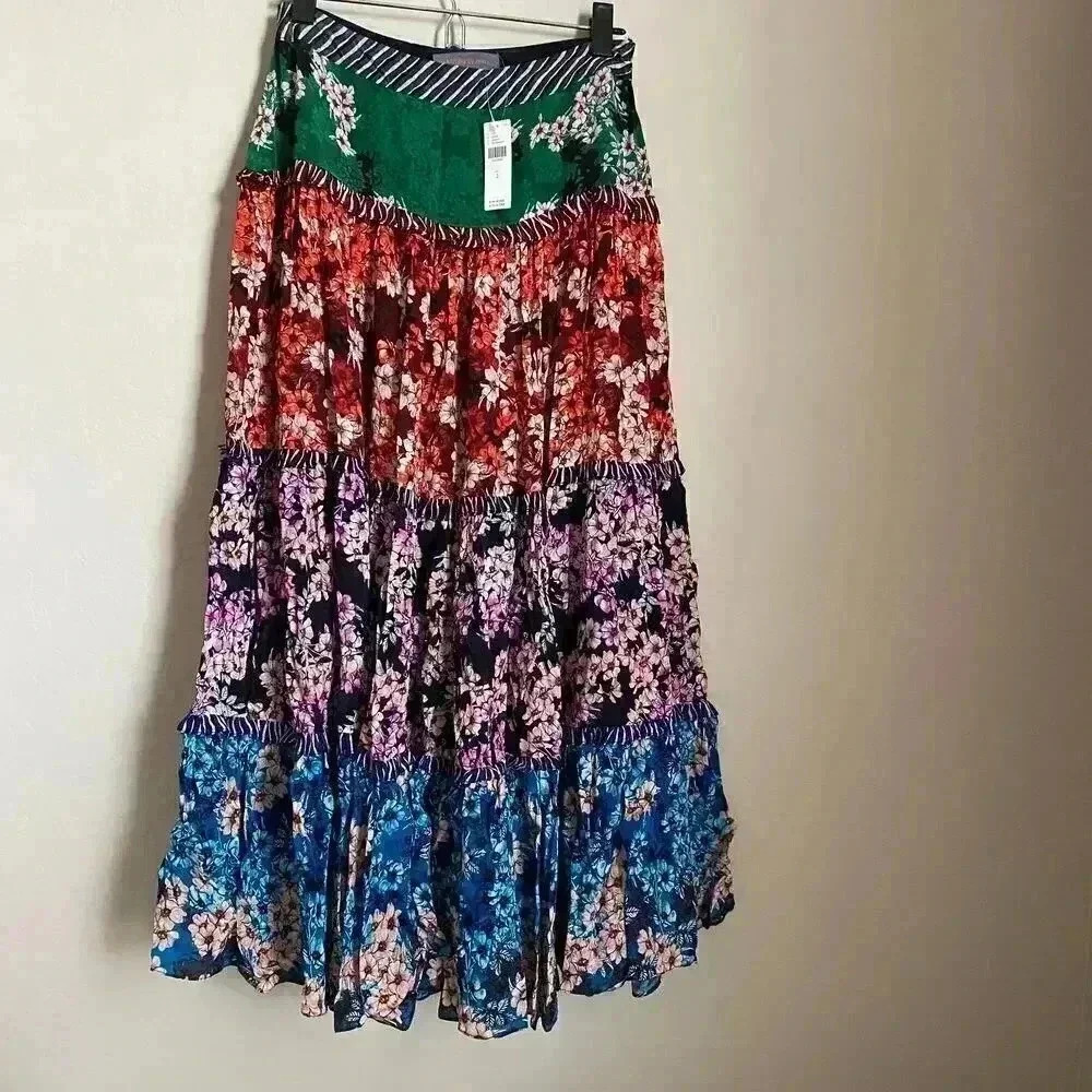 Anthropologie Bhanuni Jyoti Anarosa Patchwork Floral Tiered Maxi Skirt 2 NWT‎